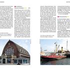 Seite zeigt Informationen über das Schifffahrtsmuseum Fischhalle und den Museumshafen. Enthält Fotos eines Gebäudes und Schiffs.