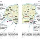 Eine Karte von Föhr, Osterland, mit Orten wie Lembecsburg, Wyk und Alkersum. Erläutert Sehenswürdigkeiten und Strände.