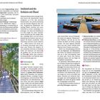 Seiten 62-63: Themen über Småland und die Ostküste mit Öland. Enthält Infos über Gösta's Fiskekrog, Nationalpark Store Mosse und Växjö. Oben mittig ein Foto von Booten an einem Steg auf einem ruhigen See. Unten links ein Foto eines hölzernen Weges durch einen Wald.