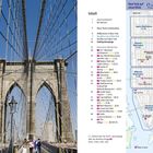 Violetter Text: "NICHT VERPASSEN!" und "NEW YORK ENTDECKEN". Liste von Sehenswürdigkeiten mit Kurzbeschreibungen. Skyline im Hintergrund.