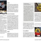 Texte: "TRINKEN", "Gasversorgung", "Vergünstigungen bei Sehenswürdigkeiten", "Geld", "Gesundheit". 
Koch mit schwarzem Handschuh frittiert Pommes. Kinderauto vor Tankstelle mit "GAS"-Schild.