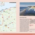 Routenübersicht und Karte von Szczecin zur Ostseeküste mit Angaben wie "Wollin", "Strecke", "ca. 245 km". Foto mit Strand und Möwen.