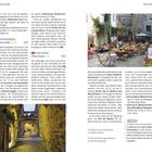 Das Bild zeigt eine Doppelseite mit Texten über Sehenswürdigkeiten. Rechts oben sind Außenbereich eines Cafés mit Tischen, Stühlen.
