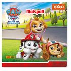 "Malspaß", "Helfer auf vier Pfoten". Drei animierte Hunde in bunten Helmen, fröhlich auf einer Wiese liegend.