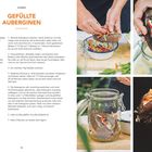 Gefüllte Auberginen, Anleitung in sieben Schritten mit Zutatenliste. Fotos zeigen das Befüllen und ein Glas mit Auberginen.