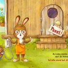 Psst! Als erstes möchte Otto die Eier holen, aber die Hühner schlafen noch. Ruf bitte einmal laut „kikeriki“, und weck sie auf. Ein Hase mit Brille steht vor einem hölzernen Hühnerstall. Ein anderes Häschen trägt Malutensilien.