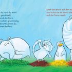 Zwei Texte: "Auweia...", "Dreh das Buch...". Illustration von weißen Tieren auf bunten Farbklecksen, die traurig wirken.