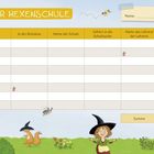 Tabelle mit Spalten "Fach", "In der Brotdose", "Name der Schule", mit Hexe und Tieren im Hintergrund.