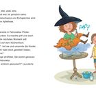 Text: "Enemene, drei, zwei, eins..." Eine Illustration zeigt eine Hexe mit Zauberstab über einem Tisch, neben zwei Kindern.