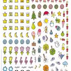 Verschiedene bunte Symbole: Kronen, Herzen, Weihnachtsbaum, Geschenke, Eiscreme, Noten, Blumen, Bälle und Kerzen.