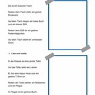 Text: "Lies und male!" mit Beschreibungen eines Tischs und einer Klasse. Zwei leere blaue Rahmen daneben.