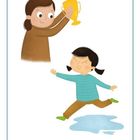 Ein Kind springt über eine Pfütze. Eine Person hält eine goldene Trophäe hoch. Beide lächeln. Illustrationsstil.