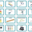 Kleber, Bleistifte, Filzstifte, Kugelschreiber, Buntstifte, Scheren, Radiergummis, Anspitzer, Textmarker, Lineale, Geometrie-Dreieck, Kreide, Foldbackklammern, Büroklammern, Locher, Zirkel.