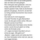 Eine Textseite mit folgender Geschichte: Nino wurde als heißester Junge der Klasse gerankt, Lina ärgerte sich. Gespräch zwischen Lina und Leonie.