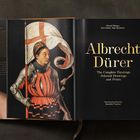 Text: "Albrecht Dürer: The Complete Paintings." Links ein Ritter mit Fahne in einem Gemälde.