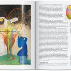 Auf der linken Seite ist eine farbenfrohe Illustration mit abstrakten Figuren und Farbverläufen in Gelb, Blau und Rot. 