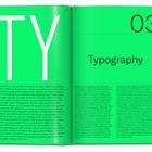 Text: TY, 03, Typography. Der Hintergrund ist leuchtend grün. Ausführlicher Text in mehreren Spalten unten.