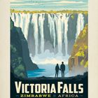 "Victoria Falls Zimbabwe Africa" in großen Buchstaben. Eine Illustration zeigt zwei Personen vor einem großen Wasserfall.