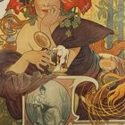 "Bières de la Meuse" steht oben in geschwungenem Text. Illustration mit Frau in Blumenkopfschmuck, Bierkrug in der Hand.
