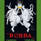 „ROBBA“, CANELLI, TORINO. Zwei Figuren in Weiß halten gemeinsam ein sprühendes Glas, grüne Umrandung.