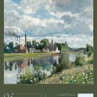 Kalenderseite Mai, Gemälde von Camille Pissarro, "Pontoise". Landschaft mit Fluss und Fabriken unter bewölktem Himmel.