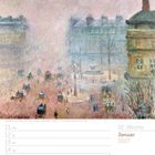 02. Woche Januar 2027, Gemälde einer nebligen Stadtansicht mit Kutschen und Menschen auf einem Platz.