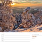 02. Woche, Januar 2027. Winterlandschaft mit verschneiten Bäumen und Sonnenuntergang.