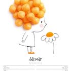 Kalenderblatt mit Januar. Oben ein gezeichnetes Kind mit Snack-Kugeln als Haar und Blume. Daten: 25-31.