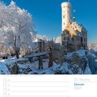02. Woche, Januar 2027, Schloss Lichtenstein in schneebedeckter Landschaft, blauer Himmel, Kalenderformat mit Terminfeldern.