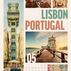 "LISBON PORTUGAL" steht in großen Buchstaben. Zu sehen sind Aufnahmen von Lissabon und ein Kalender für Mai mit Kacheldesign.