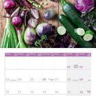 Kalender für Mai 2027 mit einem Foto von violettem und grünem Gemüse wie Auberginen, Erbsen und Salat.