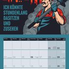 Text: "ARBEIT FASZINIERT MICH. ICH KÖNNTE STUNDENLANG DASITZEN UND ZUSEHEN." Illustration eines Arbeiters mit Hammer.