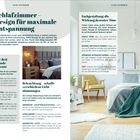 Titel: "Schlafzimmer – Design für maximale Entspannung", Tipps zu Farben, Bettposition und Beleuchtung. 

Linke Seite Text, rechte Seite Bild eines gemütlichen Schlafzimmers.
