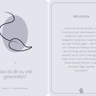 Links: "Was ist dir zu viel geworden?" Rechts: "REFLEXION" mit Anleitung zur Selbstwahrnehmung. Illustration eines Blattes.