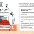 WACH AUF UND STRECK DICH. Frau streckt sich im Schlafzimmer. Ein Bett, Pflanzen und Bilder an der Wand.