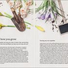 Links: „Mind how you grow“ und ein Zitat über die Vorteile des Gärtnerns. Rechts: „Growing your own vegetables“. Bildliche Darstellung von Blumen, Erde und Gartengeräten.