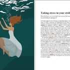 "Taking stress in your stride" beschreibt, wie man mit Stress umgeht. Links taucht eine Frau in einem weißen Kleid im Wasser.