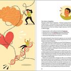 Links eine Illustration: Ein Gehirn, Herz und DNA-Strang, Menschen interagieren spielerisch. Rechts Text über Glückswissenschaft.