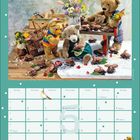 Kalenderseite für Mai mit Feiertagen wie "Christi Himmelfahrt", "Muttertag" und "Pfingsten". Drei Teddys mit Schokolade.