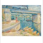 Unten in der Mitte stehen Zahlen von 1 bis 31. Gemälde zeigt eine Brücke über einen Fluss mit Booten und einer Frau am Ufer.