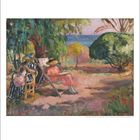 Kalenderblatt: Monat Mai. Unter einem Baum sitzen zwei Frauen in Sommerkleidern auf Stühlen. Im Hintergrund Meer.