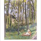 Mai, 5. Eine Illustration mit Bäumen im Vordergrund und einer Person, die im Gras sitzt, von Blumen umgeben.