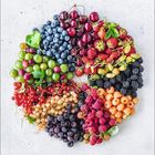 Mai, bunte Beeren arrangiert in einem Kreis: Kirschen, Erdbeeren, Himbeeren und mehr auf hellem Untergrund.