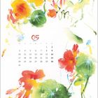 05, umgeben von einem Kalenderformat. Bunte Blumen und Schmetterlinge in einer Aquarell-Illustration.