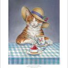 Schöne Frau und Katzen pflegen häufig Freundschaft. Illustration einer Katze mit Hut, sitzend an einem gedeckten Tisch.