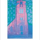 Kalenderblatt für Mai mit Gemälde einer Kirche. Datum unten: 1 bis 31, hervorgehoben der 16. Kirche in Rosa und Blau.