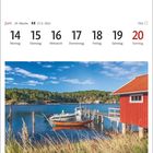 Text: Juni 24. Woche 21.5.–20.6. Montag 14, Dienstag 15, Sonntag 20. Fischerhütte auf Saltö, Blekinge. 
Illustration: Rote Hütte am Wasser.