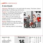 WORTSCHATZ: A new bicycle. Gespräch zwischen Verkäufer, Rachel und Steve über Fahrräder. Datum: Mittwoch, 16. Juni.