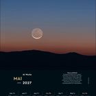 Mai 2027. Venus und Mond über Cerro Paranal, Chile. Oben heller Himmel, unten Himmelskalender mit Mondphasen und Daten.