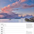 "Juni, 24. Woche, Zwillinge 21.5.–20.6. Montag 14, Sonntag 20." Himmel mit rosa Wolken über Insel und Meer.